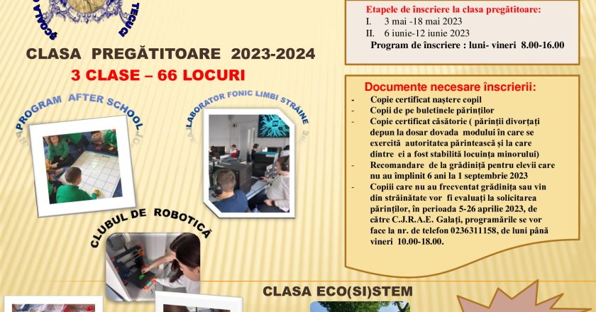 66 de locuri disponibile în clasa pregătitoare la Școala Gimnazială „Elena Doamna” (2023-2024)